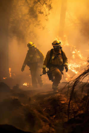 AI generated Firefighters fighting a fire in a forestの素材