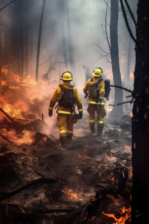 AI generated Firefighters fighting a fire in a forestの素材