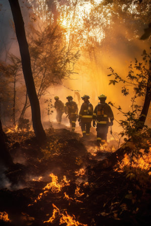AI generated Firefighters fighting a fire in a forestの素材