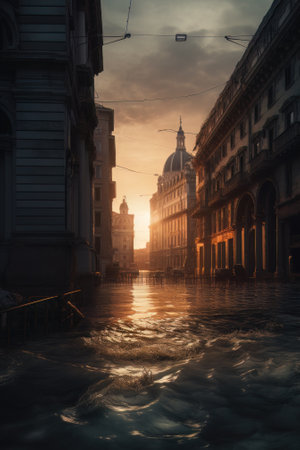 AI generated modern european or american city flooded, natural disasterの素材