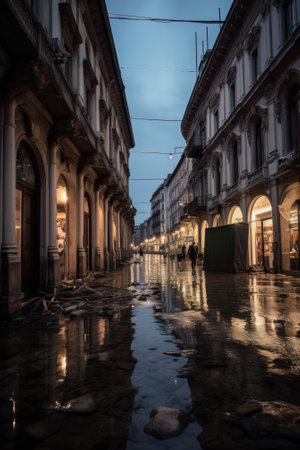 AI generated modern european or american city flooded, natural disasterの素材