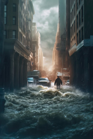 AI generated modern european or american city flooded, natural disasterの素材