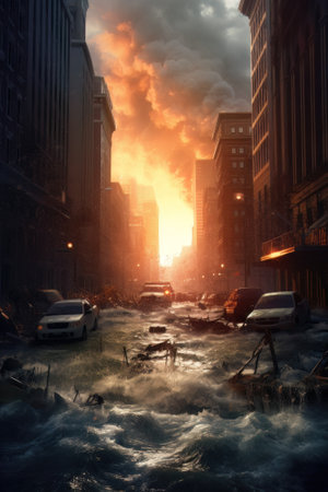 AI generated modern european or american city flooded, natural disasterの素材