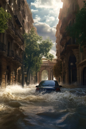 AI generated modern european or american city flooded, natural disasterの素材