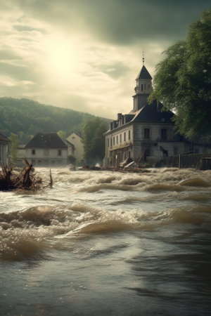 AI generated modern european or american city flooded, natural disasterの素材