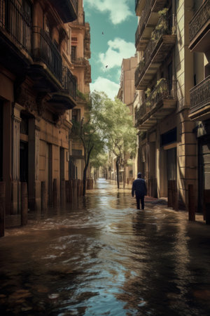 AI generated modern european or american city flooded, natural disasterの素材