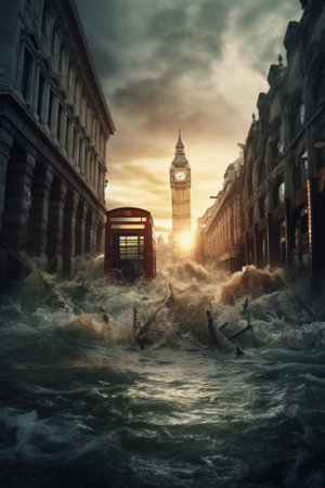 AI generated modern european or american city flooded, natural disasterの素材