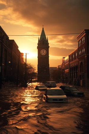 AI generated modern european or american city flooded, natural disasterの素材