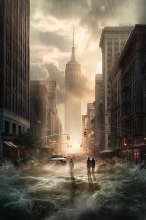 AI generated modern european or american city flooded, natural disasterの素材