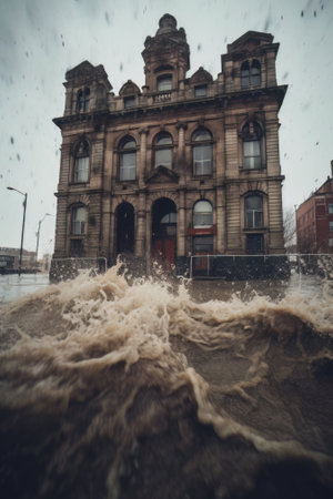 AI generated modern european or american city flooded, natural disasterの素材