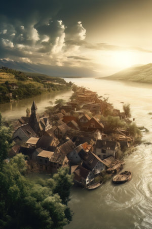 AI generated modern european or american city flooded, natural disasterの素材