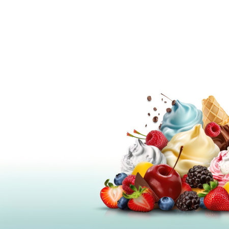 AI generated summer background with sundae decorated with fruits and toppingの素材
