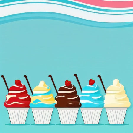 AI generated summer background with sundae decorated with fruits and toppingの素材