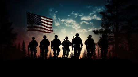 AI generated USA soldiers in silhouette standing side by sideの素材