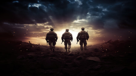 AI generated USA soldiers in silhouette standing side by sideの素材