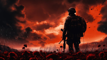 AI generated field of poppies with a soldier's silhouetteの素材