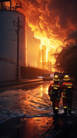AI generated Firefighters extinguish a fire in an industrial building, chemical plant, power plant at nightの素材