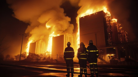 AI generated Firefighters extinguish a fire in an industrial building, chemical plant, power plant at nightの素材