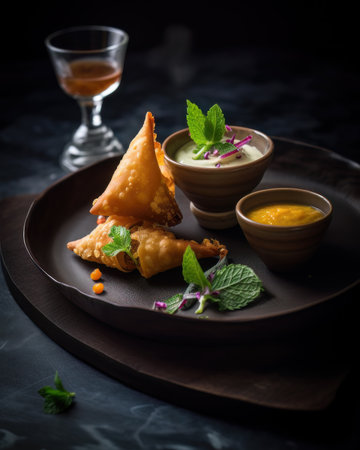 AI generated restaurant serving Delhi street Foodie, samosasの素材