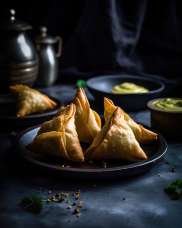 AI generated restaurant serving Delhi street Foodie, samosasの素材