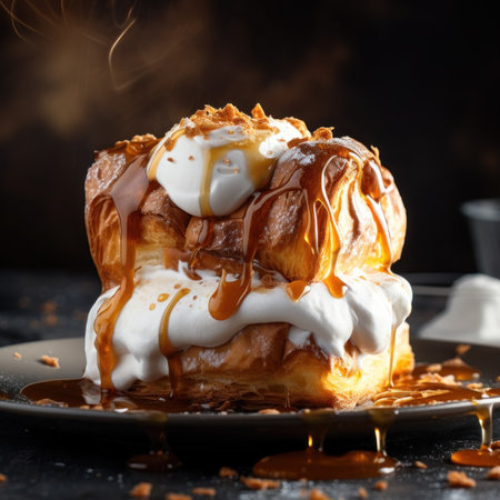 Cream puff with caramel sauce and whipped cream on a black backgroundの素材