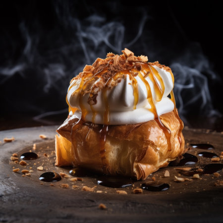 Delicious puff pastry with whipped cream and caramel on a dark backgroundの素材
