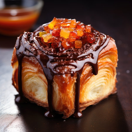 Delicious croissant with chocolate and caramel on a dark backgroundの素材