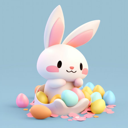 Cute easter bunny with colorful eggsの素材