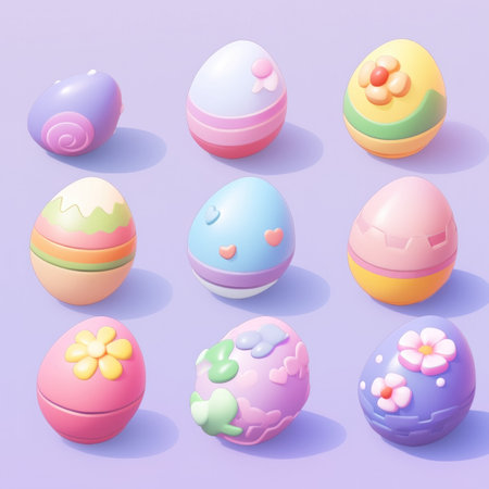 Set of Easter eggs in pastel colors on a purple background.の素材