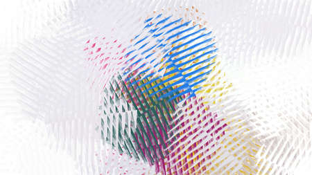 interwoven triangular shapes. central space with colors magenta, blue, yellow. two copy spaces.