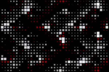 Illustration with mosaic style design on black background. Square shapes with white and red colors.