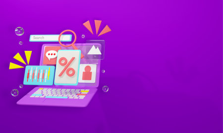 Laptop with social media icon on purple background. 3d illustration