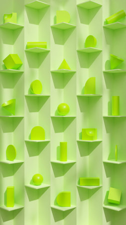 3d render of green geometric shapes on a light green background.の写真素材