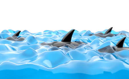 Shark fin in blue water. 3d render illustration over white backgroundの写真素材