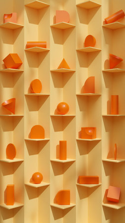 Orange and orange geometric shapes on a yellow wall background. 3D renderingの写真素材