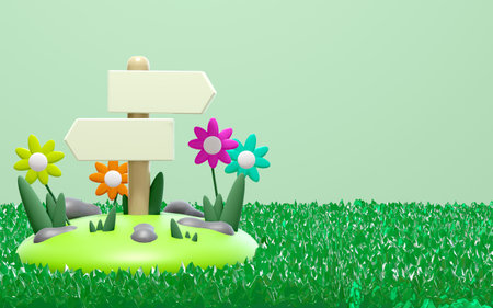 wooden signpost on grass with flowers in 3d illustration.の写真素材