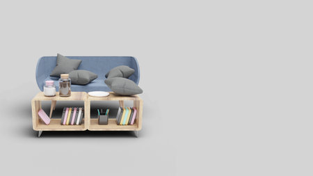 3d rendering of modern living room with blue sofa and bookshelf on gray backgroundの写真素材