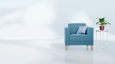 Blue armchair with cushions in modern interior. 3d renderの写真素材