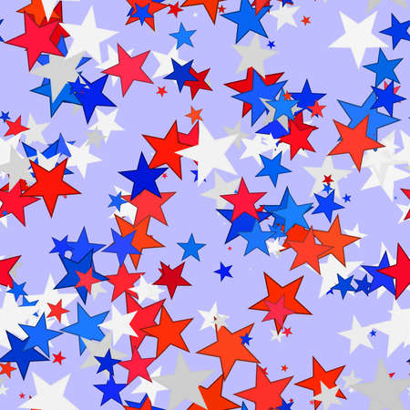 Abstract blue, red and white stars, Colorful starred pattern on light violet background, Simple multicolor starry texture, Seamless illustrationの写真素材