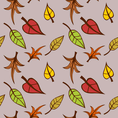 Abstract multicolor leaves on light brown background, Colorful autumn pattern, Leafy texture, Seamless illustrationの写真素材