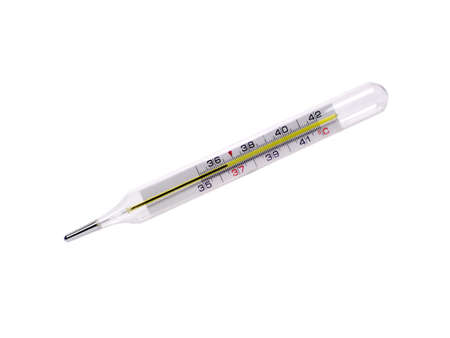 glass mercury thermometer show 36.6 isolated on white