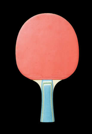 Racquet for table tennis with red side isolated on black backgroundの写真素材