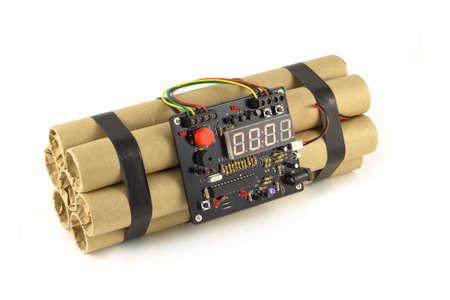 Time bomb with a working electronic clockwork isolated on white background