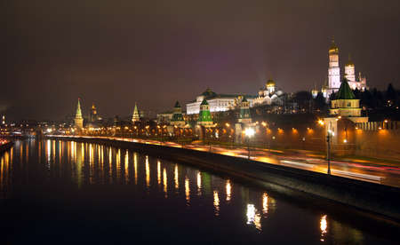 Moscow Kremlin and street light night view from Moskva-riverの写真素材