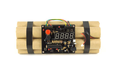 Time bomb with shutdown electronic clockwork isolated on white front view close upの写真素材