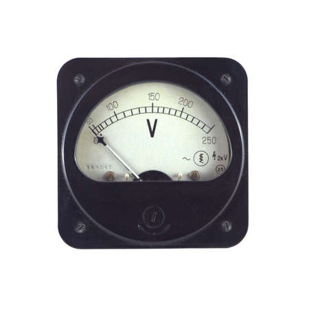 Old unplugged voltage meter shows zero voltage isolated on white closeup