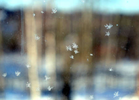 Beautiful small snowflakes on frozen window glass and winter landscape in blurの写真素材