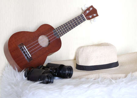 Accessories for lucky travel. Small guitar, straw hat, binoculars and suitcaseの写真素材