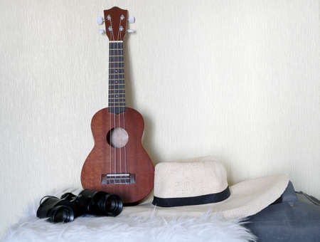Accessories for lucky travel. Guitar, straw hat, binoculars and bagの写真素材