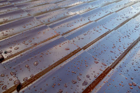 Fragment the brown metal roof of the house in the form of roof tiles with many drops after the rain, an obliquely close upの写真素材